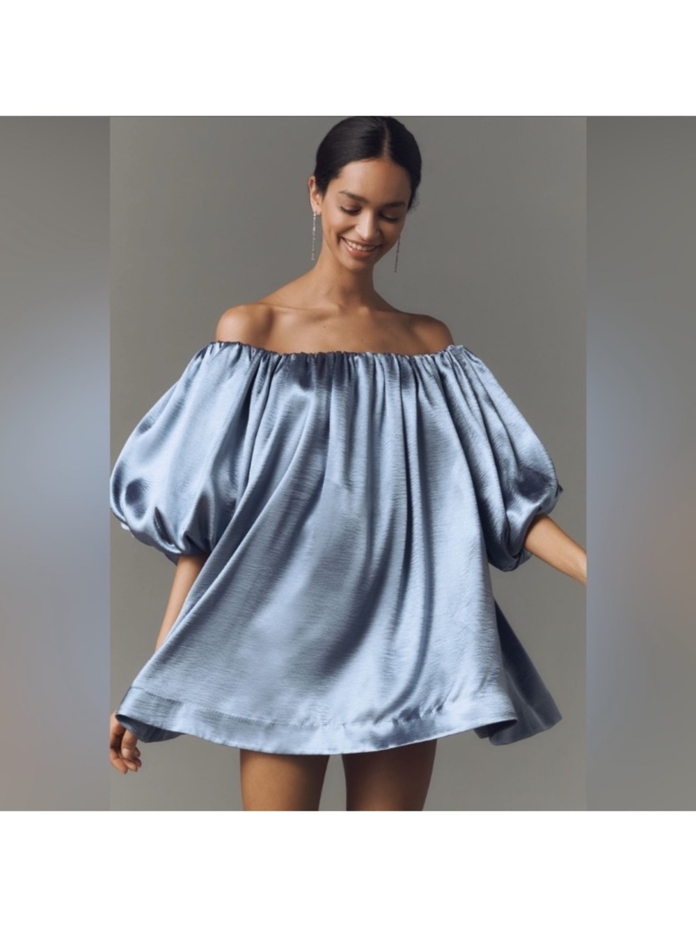 Anthropologie Mare Mare Light Blue Satin Off-Shoulder Puff Sleeve Dress